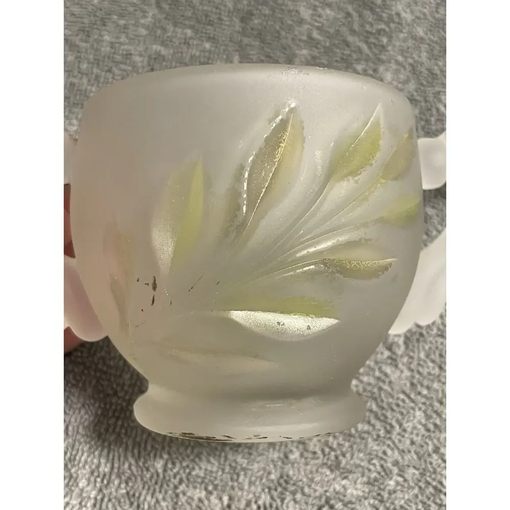 Vintage Indiana Glass Frosted Satin Leaf Creamer Sugar Bowl Tray MCM Set